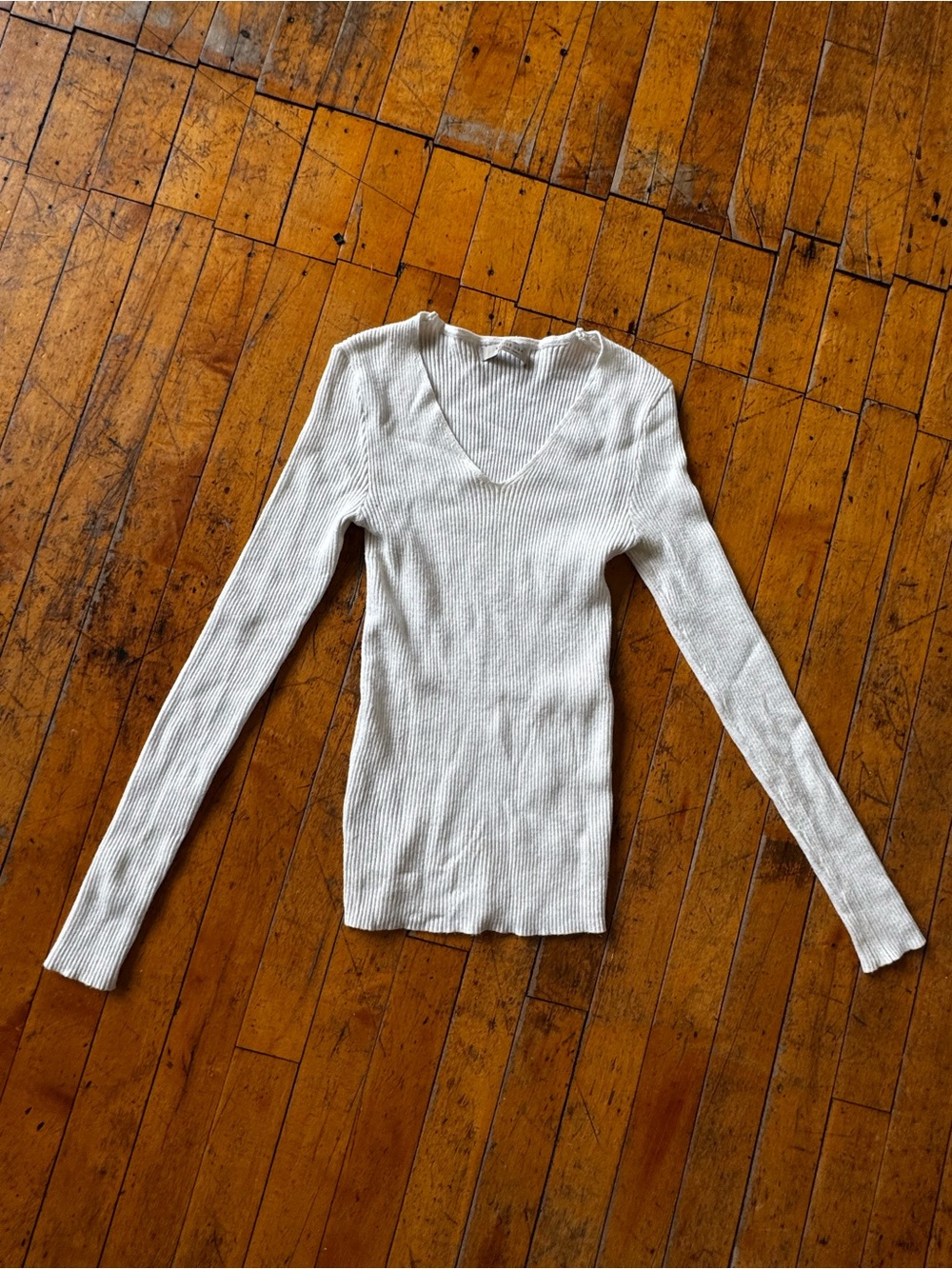 Active USA Ribbed V-Neck Long Sleeve Top — Cream